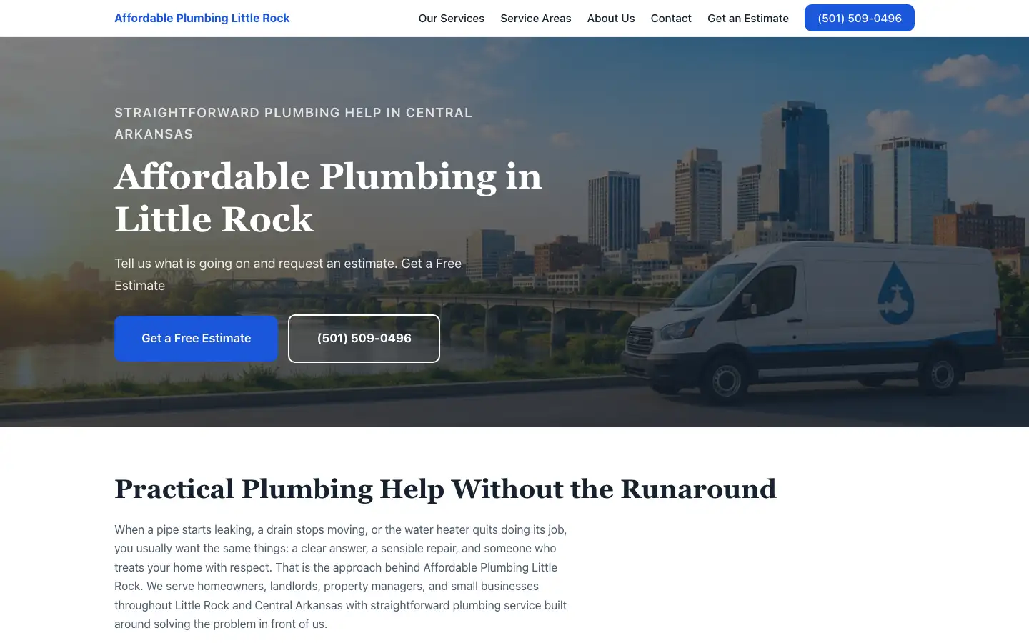 Homepage of affordableplumbinglittlerock.com, a Little Rock plumbing site