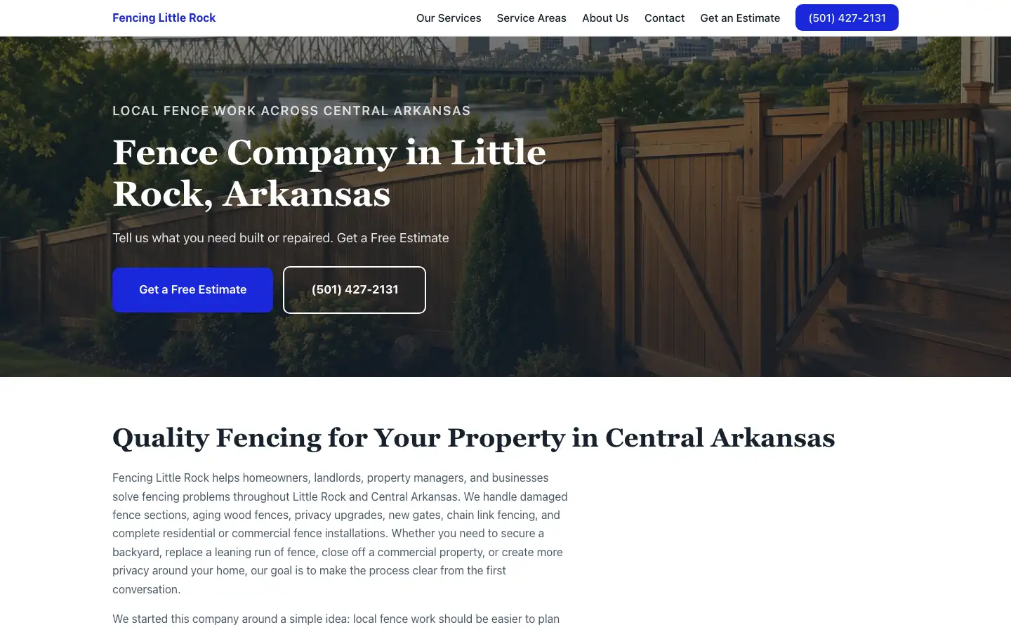 Homepage of fencinglittlerock.com, a Little Rock fencing company site