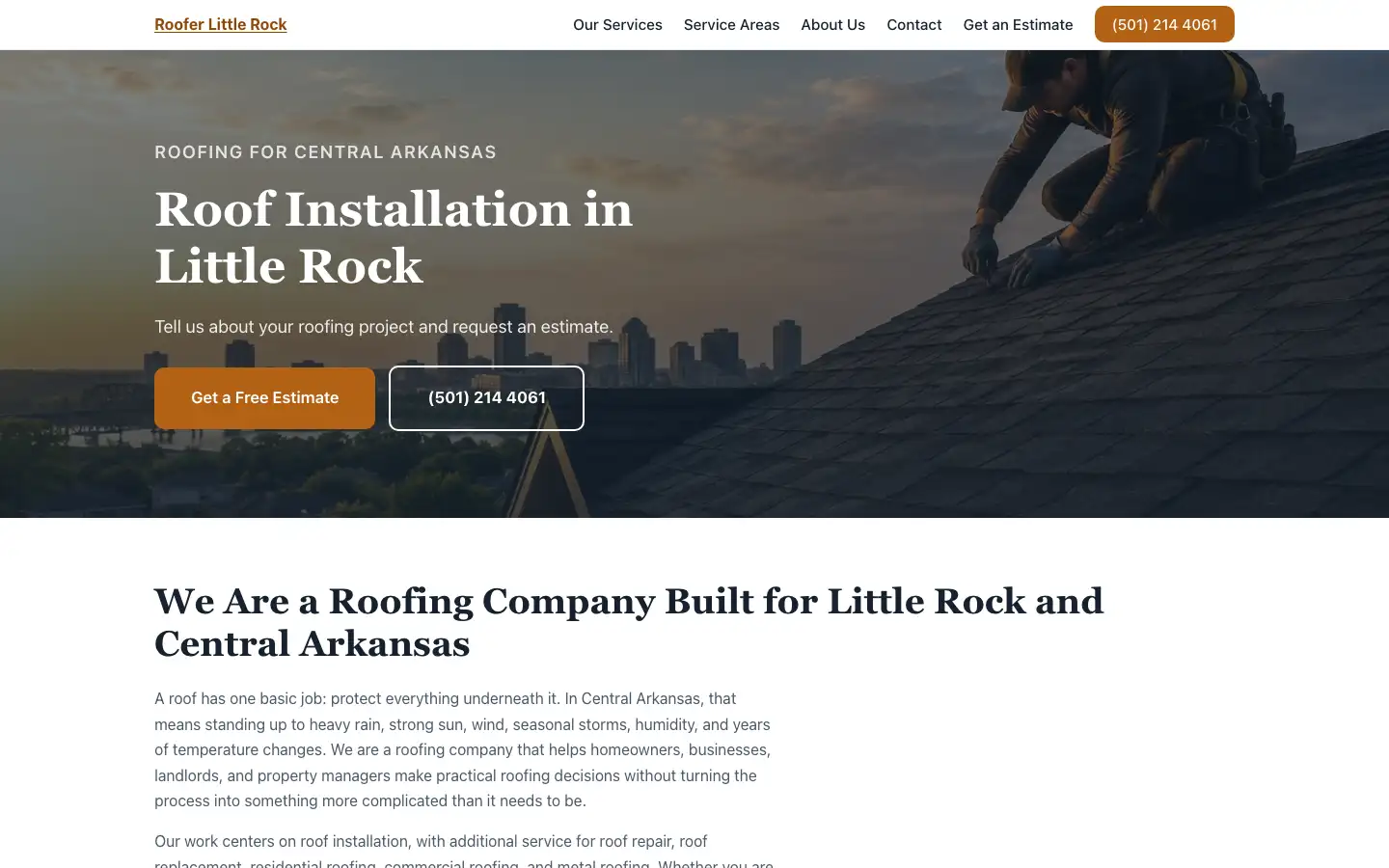 Homepage of rooferlittlerock.com, a Little Rock roofing lead site